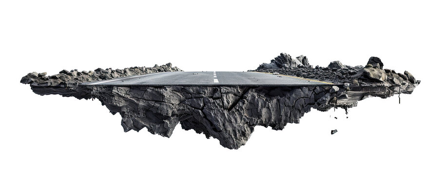 3d illustration with cut of the ground and the desert road floating in the air, isolated on white background, png