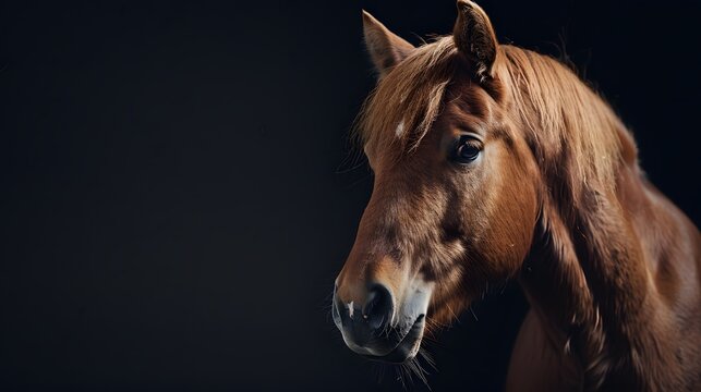 portrait of a pony, photo studio set up with key light, isolated with black background and copy space