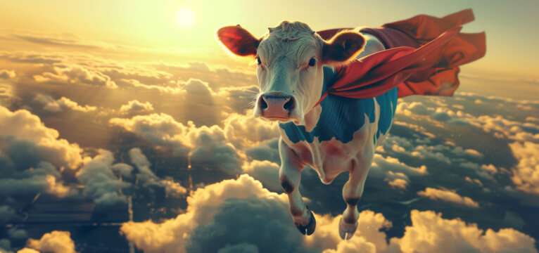 photo of cow dressed in colorful superhero costume, flying above the clouds at sunrise