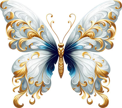 Luxury white blue gold butterfly drawing clipart, golden butterfly luxury pearl style