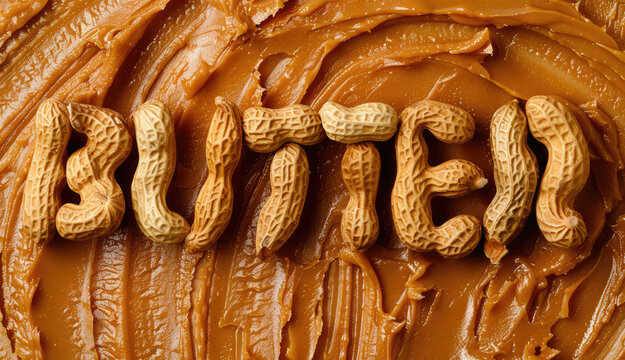 Words Peanut butter made of peanuts and peanut paste, advertising photo