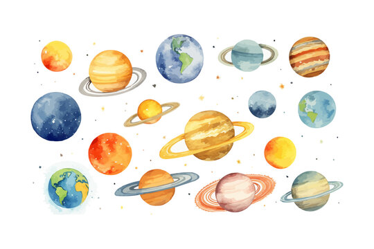 Watercolor vector illustration planet galaxy universe solar system stars set clipart sketch Mercury Venus Earth Mars Jupiter Saturn Uranus Neptune