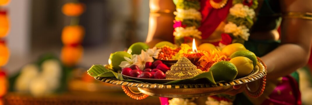 Happy people celebrating Ugadi festival, New Year's Day according to the Hindu calendar and is celebrated by Telugus and Kannadigas, banner