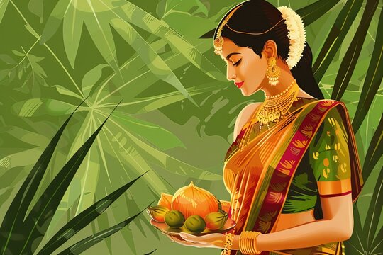 Illustration of happy people celebrating Ugadi festival, New Year's Day according to the Hindu calendar and is celebrated by Telugus and Kannadigas