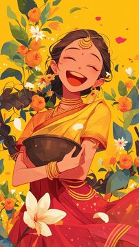 Illustration of happy people celebrating Ugadi festival, New Year's Day according to the Hindu calendar and is celebrated by Telugus and Kannadigas