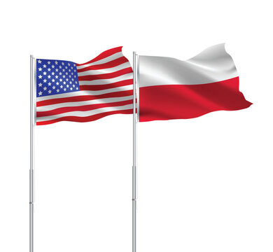 American and Poland flags together.USA,Poland flags on pole