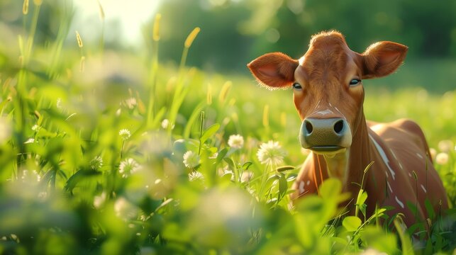 A funny cow in a green summer meadow. generative ai