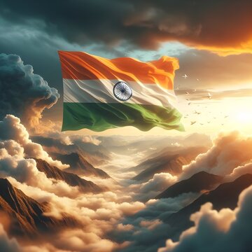 INDIA FLAG FLYING in cloud, sunset evening, Indian flag, Indian independence day, aid generated image , 2024
