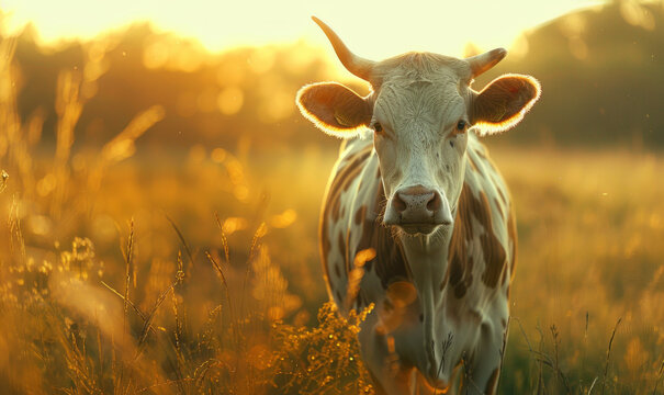 A cow standing in a lush, green pasture bathed in the golden glow of sunrise,generative ai