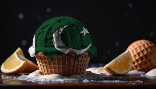 Ice cream with the Pakistan flag on a ice cream ball in a waffle cup on a black background with orange slices around the edges