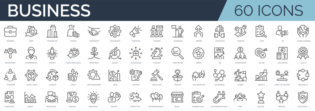 Set of 60 outline icons related to business. Linear icon collection. Editable stroke. Vector illustration