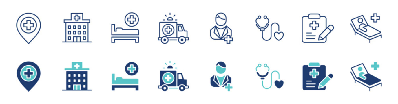 hospital icon vector set medical clinic medic elements signs. ambulance, doctor, stethoscope, patient, prescription, help aid cross symbol design