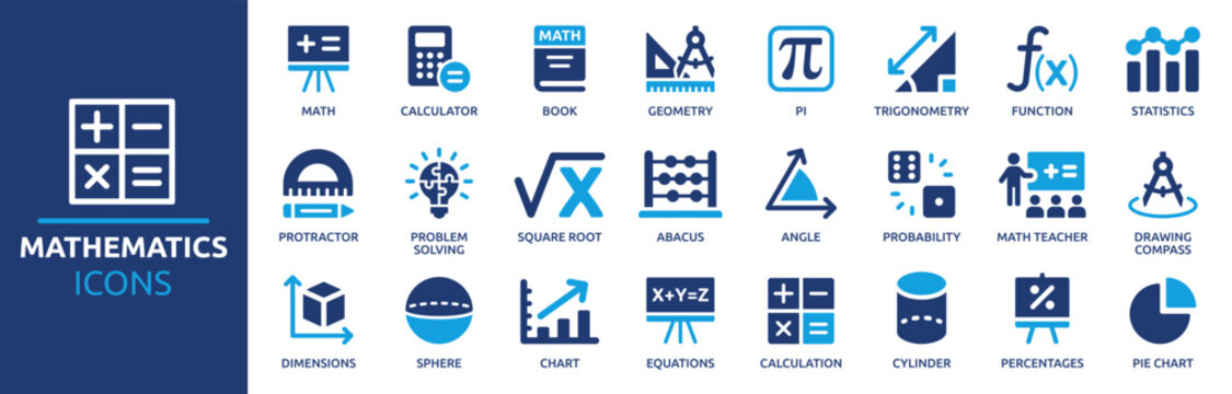 Mathematics icon set. Containing math, geometry, calculator, statistics, angle, equations, pie chart, calculation and more. Solid vector icons collection. 