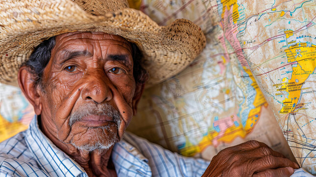 A man wearing a straw hat and a white shirt is sitting on a map