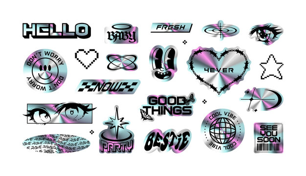 Trendy holographic Y2K sticker illustration set. Retro 2000s text quote label collection. Iridescent metallic texture tag with love heart, anime cartoon and party message. Gen z cyber style bundle.	
