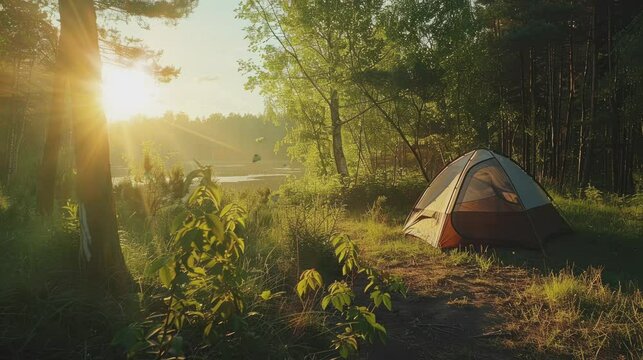 camping in a beautiful lakeside forest . seamless looping time-lapse virtual 4k video Animation Background.