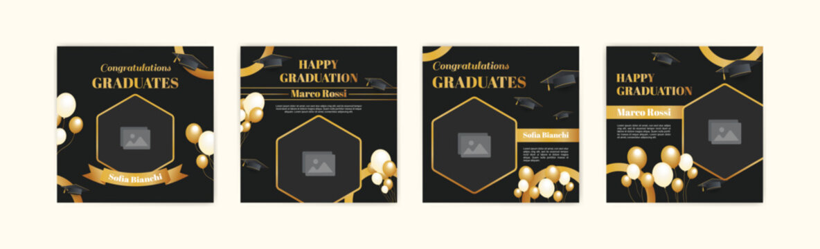 Graduation event greeting banner. Social media post banner for college graduation greetings. Photo booth props frames for graduation parties. School graduation ceremony frames for selfie vector set.