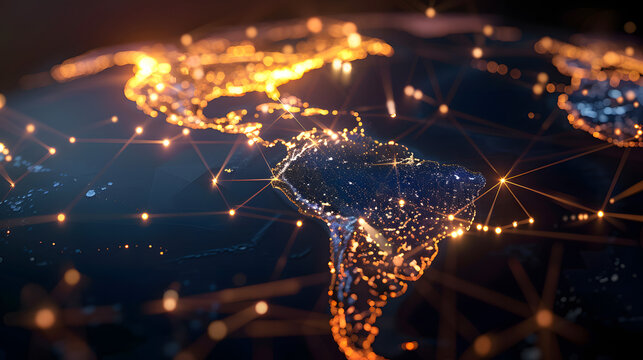 The conceptual image highlights South America's network connections with lit pathways on a dark background suggesting global interaction