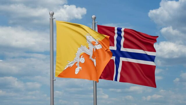 Norway and Bhutan two flags waving together, looped video, two country relations concept