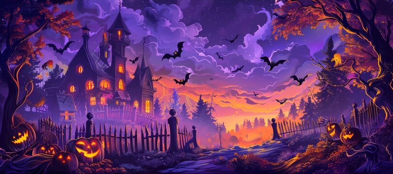 Halloween night background with a haunted house, pumpkins and bats in the sky