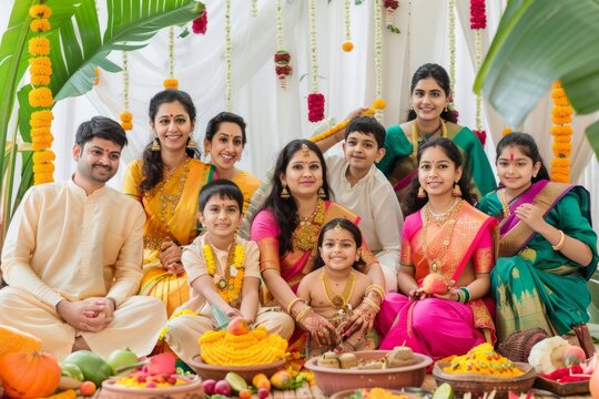 Happy people celebrating Ugadi festival, New Year's Day according to the Hindu calendar and is celebrated by Telugus and Kannadigas