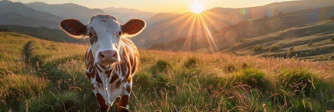 Banner with cow on the background of nature and sunset. Realistic photo for cover, postcard, advertising. Cow gives milk. Concept of nature and healthy nutrition. 