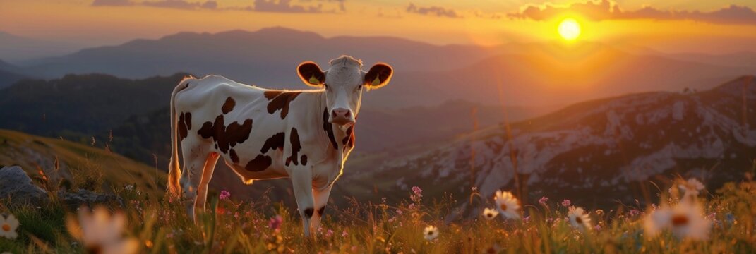 Banner with cow on the background of nature and sunset. Realistic photo for cover, postcard, advertising. Cow gives milk. Concept of nature and healthy nutrition. 