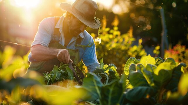 A farmer harvesting organic vegetables with a hand-held tool, sunlight dappling their face with a warm glow