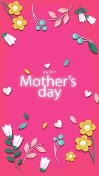 Flowers and a happy Mother's Day inscription on a pink screen. Animated vertical postcard