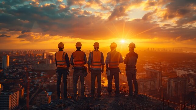 Team of engineers wearing worker hats at construction site in modern city A team of industry professionals in the sunshine