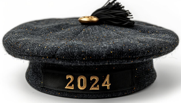 Black graduation hat clipart, with a black tassel that says "2024",gold letters, isolated on a white background,generative ai