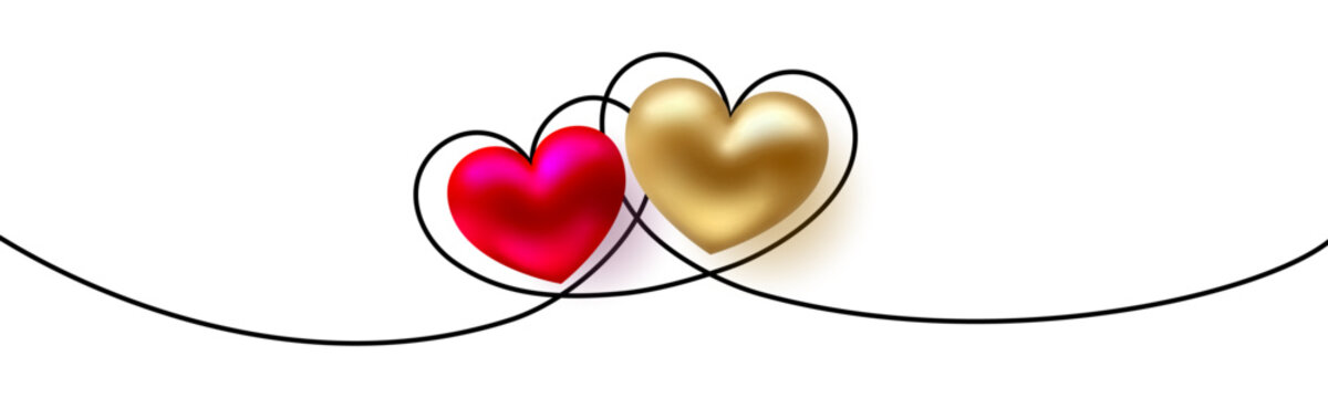 Heart border. Line art gold and red