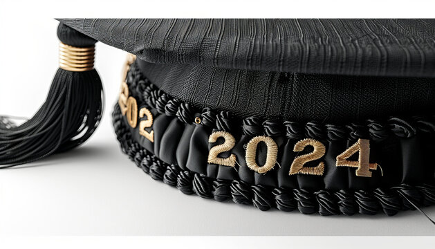 Black graduation hat clipart, with a black tassel that says "2024",gold letters, isolated on a white background,generative ai