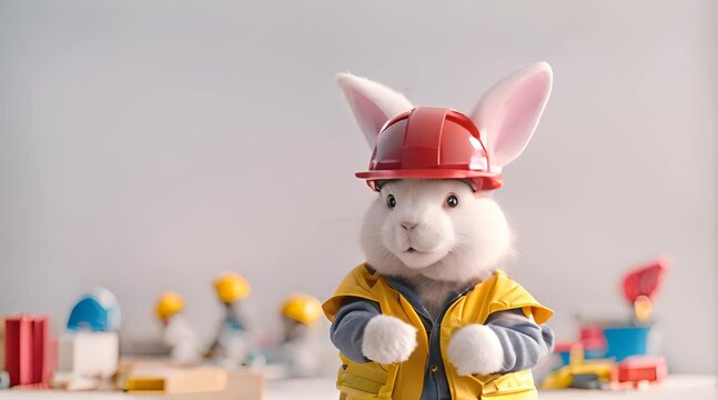 builder's day, symbol of the year easter bunny in a construction helmet.