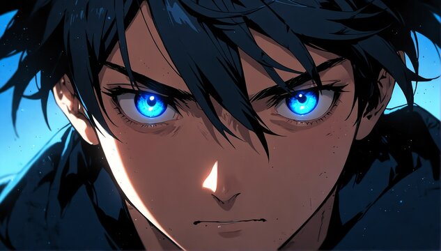 bright blue fierce glowing eyes guy anime cartoon close-up from Generative AI