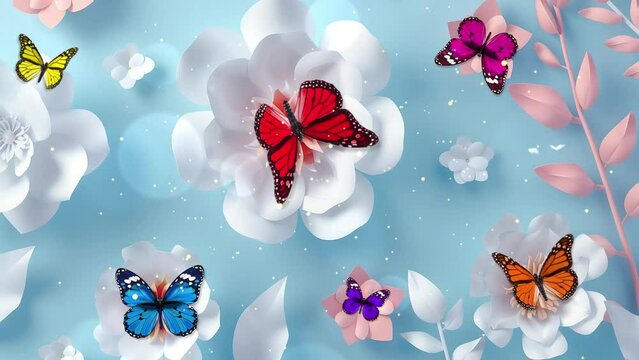 paper white flowers on pastel blue background. valentines day easter mothers day. seamless looping overlay 4k virtual video animation background