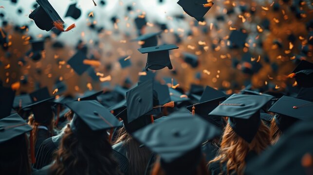 Flying graduation caps on the air in the campus building background.