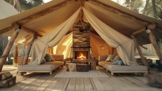 a rustic outdoor tent with wooden beams and a cozy fireplace in the center. .