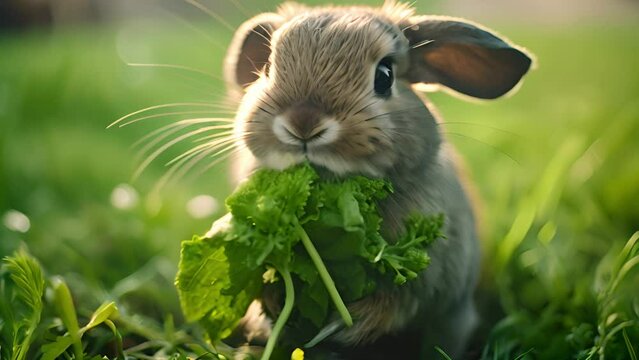 Cute rabbit eating green grass in the morning. Ai Footage.