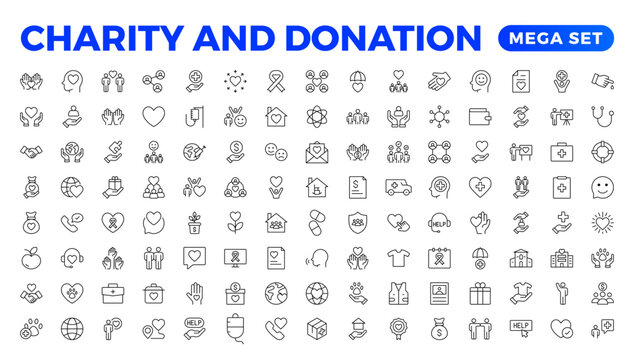 charity and donation icon set. charity and donation icon set, Help, volunteer, donated assistance, sharing, and solidarity symbol. Solid icons vector collection.