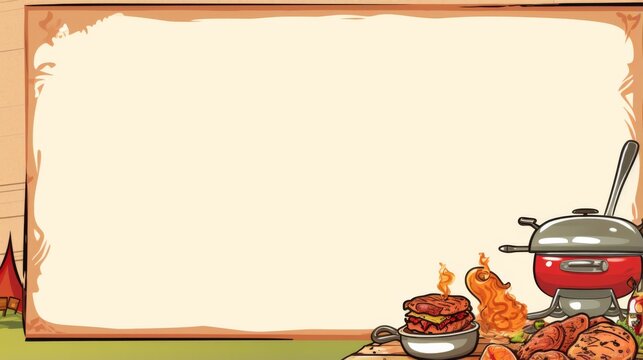 An inviting empty BBQ-themed design with a border showcasing delicious barbecue dishes and cookout elements