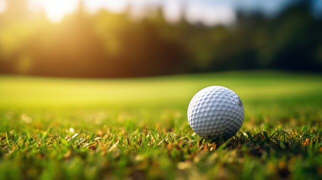 Golf ball on green grass ready for golf in beautiful golf course at sunset.