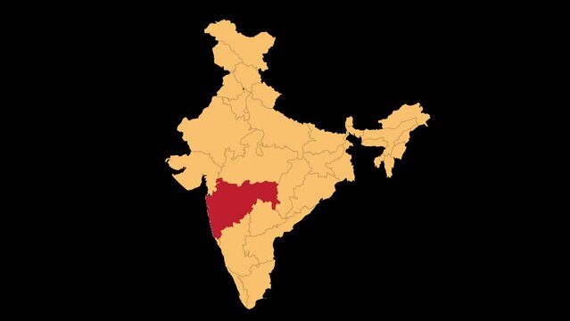 Maharashtra map animated video. Maharashtra location in India highlighted colour with transparent background in video format. Map animation video.