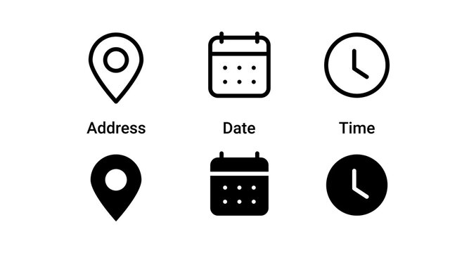 Address location icon. Stopwatch timer icon. Date Calendar icon - Web icons set