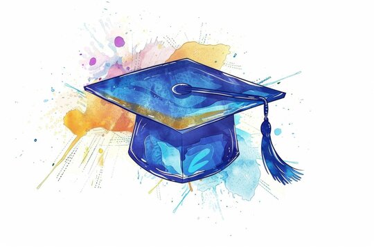 blue graduation cap on a white background with watercolor splashes Generative AI