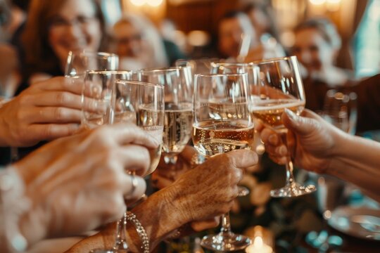 Hands of diverse people making a toast with sparkling wine glasses at a joyful social gathering