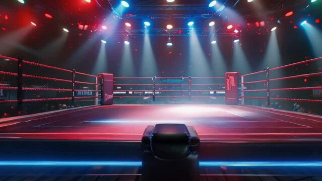 Empty modern boxing ring before start of professional boxing match or competition, illuminated by floodlights. Fight arena for boxers game. Sporty stadium for wrestling tournament.