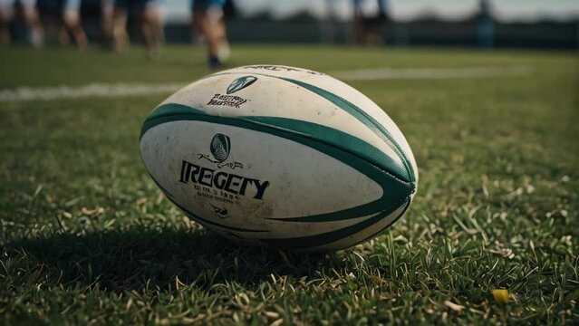 A rugby ball on the green grass of an American football stadium