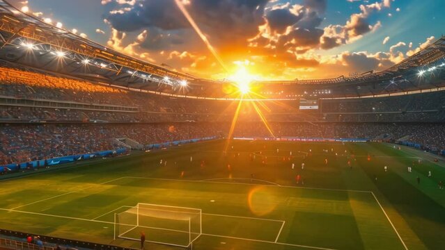 Large illuminated football arena background. Big game stadium. Professional soccer sport field aerial view. World championship match. Many fans cheer players. People watch competition Green grass lawn