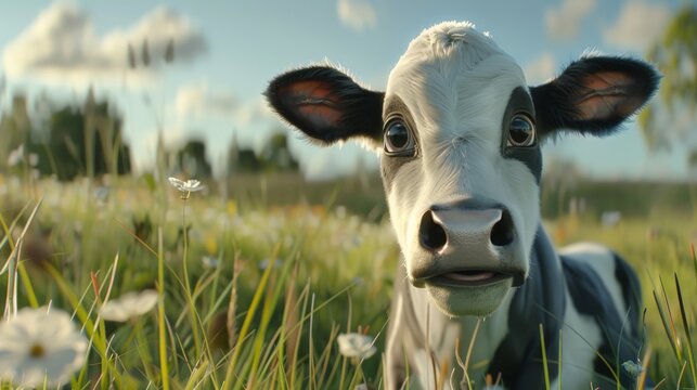 A photo of a curious cow standing in a green field of grass and flowers